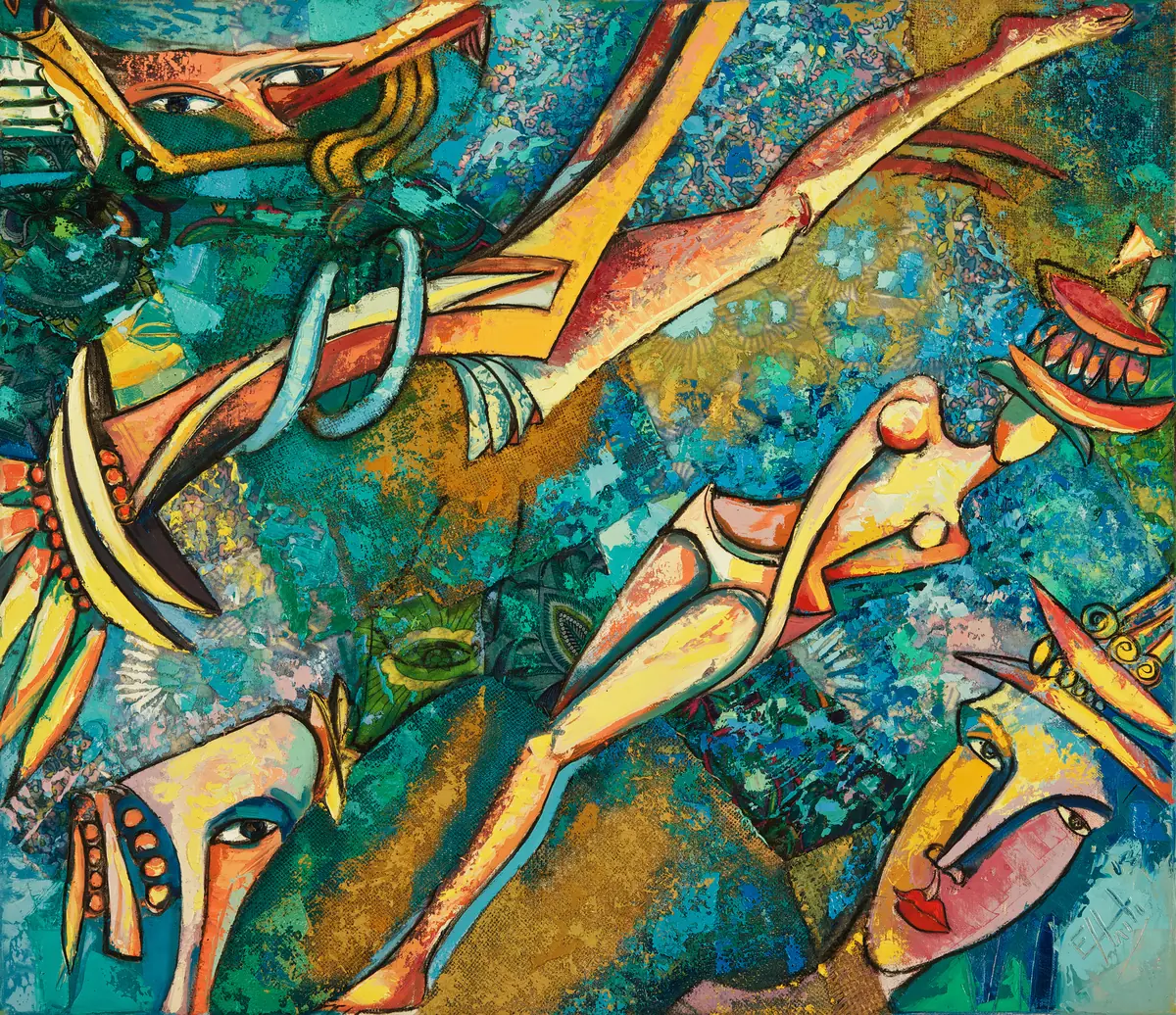 Limbs, faces and birds in gold and coral drifting over a green and turquoise ground.