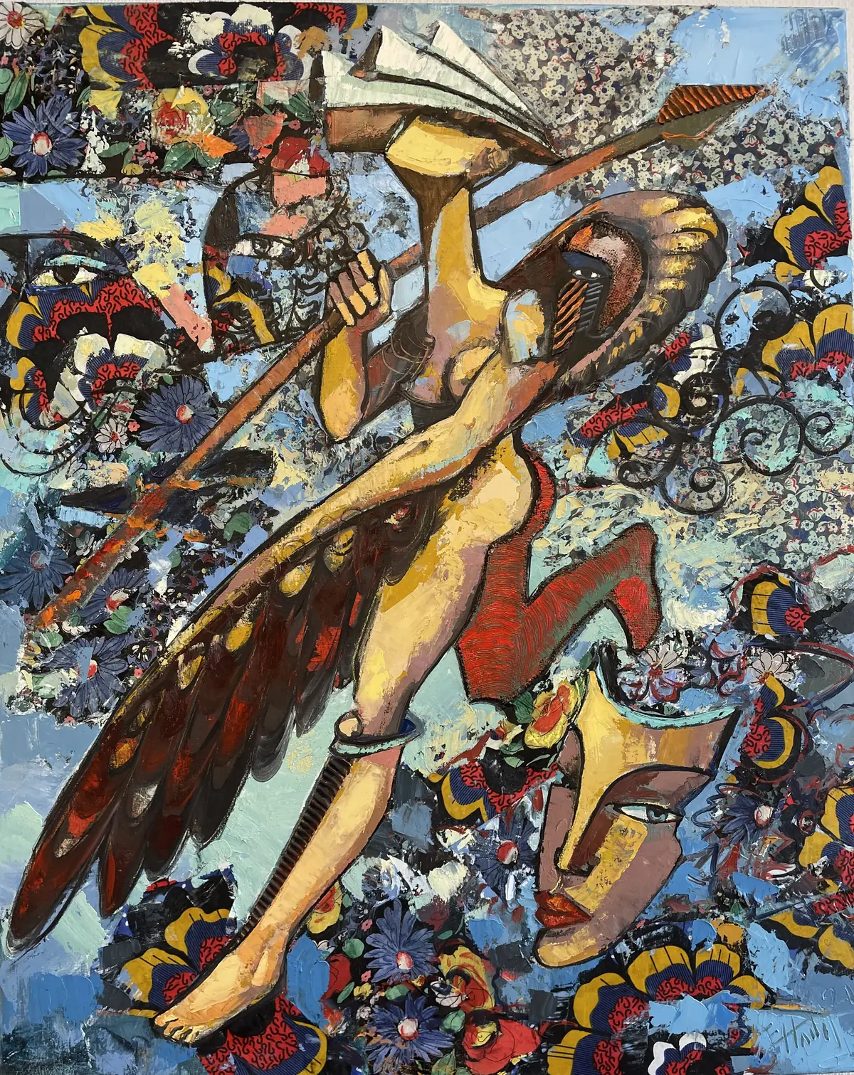 A winged figure falls diagonally across a blue field of flowers, patterns and masks.