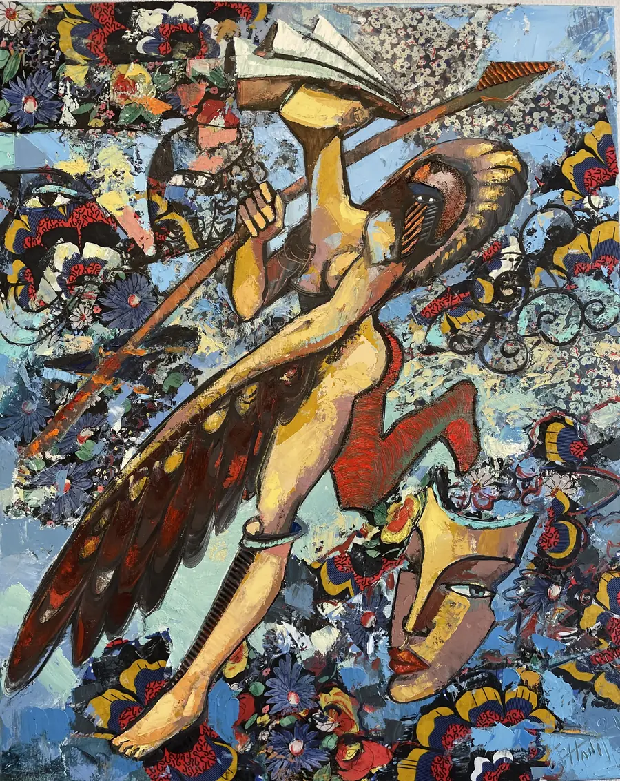 A winged figure falls diagonally across a blue field of flowers, patterns and masks.