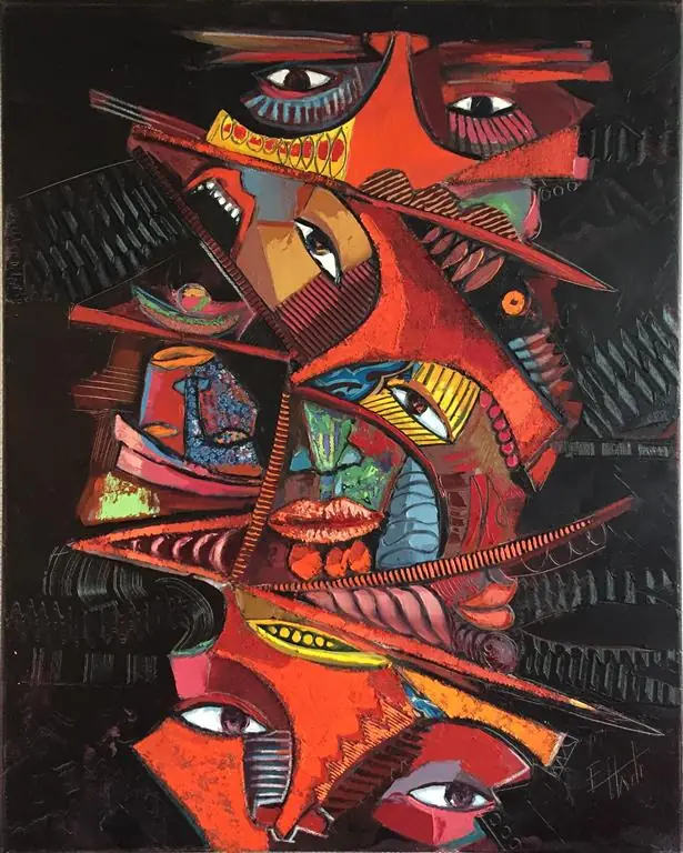 Faces and mouths in red, orange and black stacked across a dark ground, crossed by striped bands.