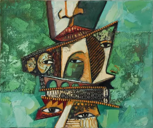 A fragmented head of faces, masks and striped planks on a green ground.