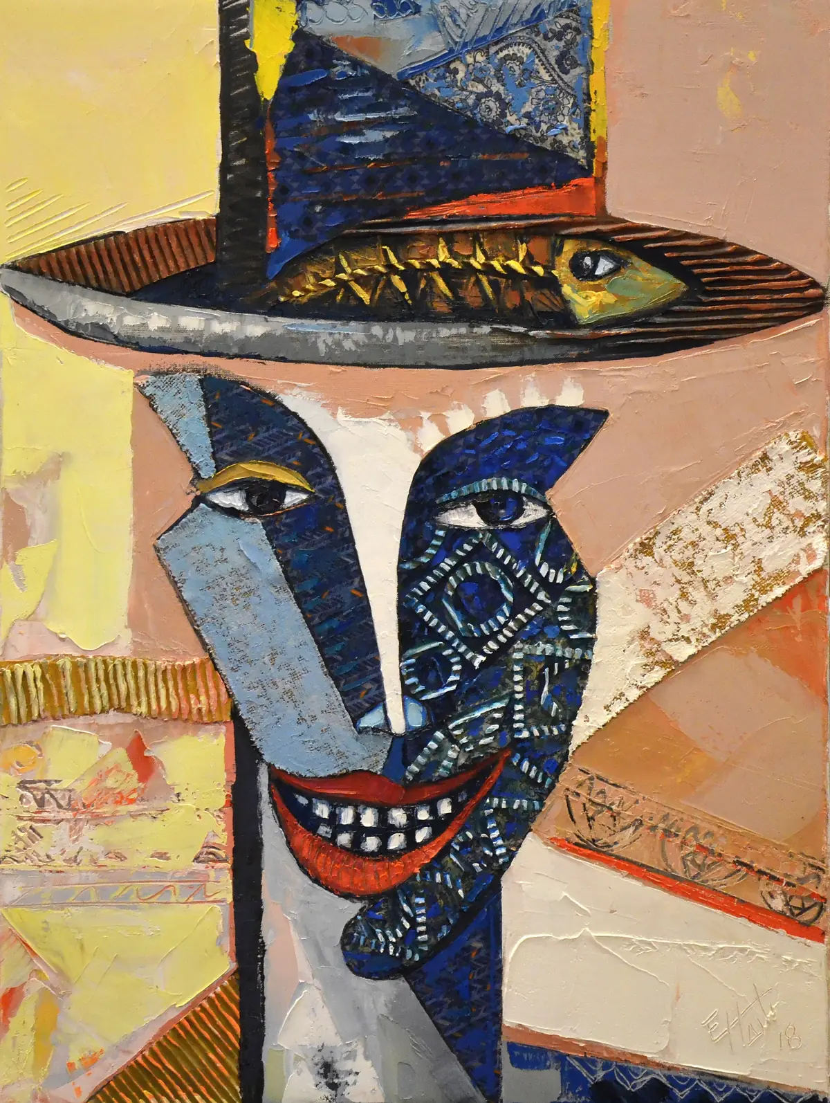 A face split into blue and grey planes under a hat holding a fish, on a yellow and pink ground.