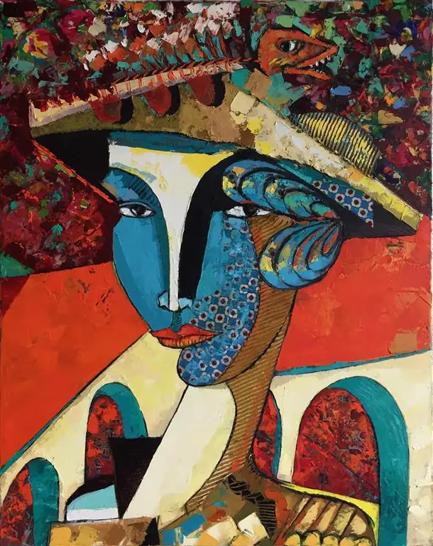 A blue-faced woman in a patterned hat above a red bridge of arches.