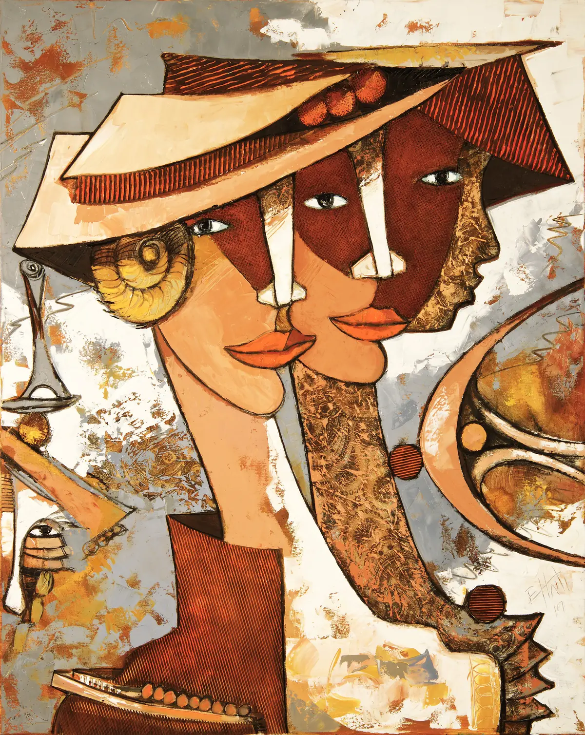 Two faces joined side by side under wide hats, in ochre and earth tones with patterned fabric.