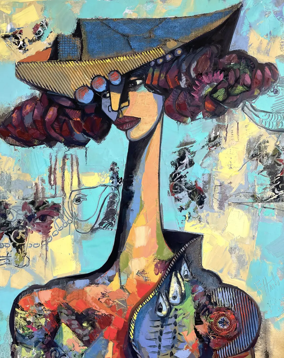 A woman with a wide hat and a long neck against turquoise, her dress built from fish and flowers.
