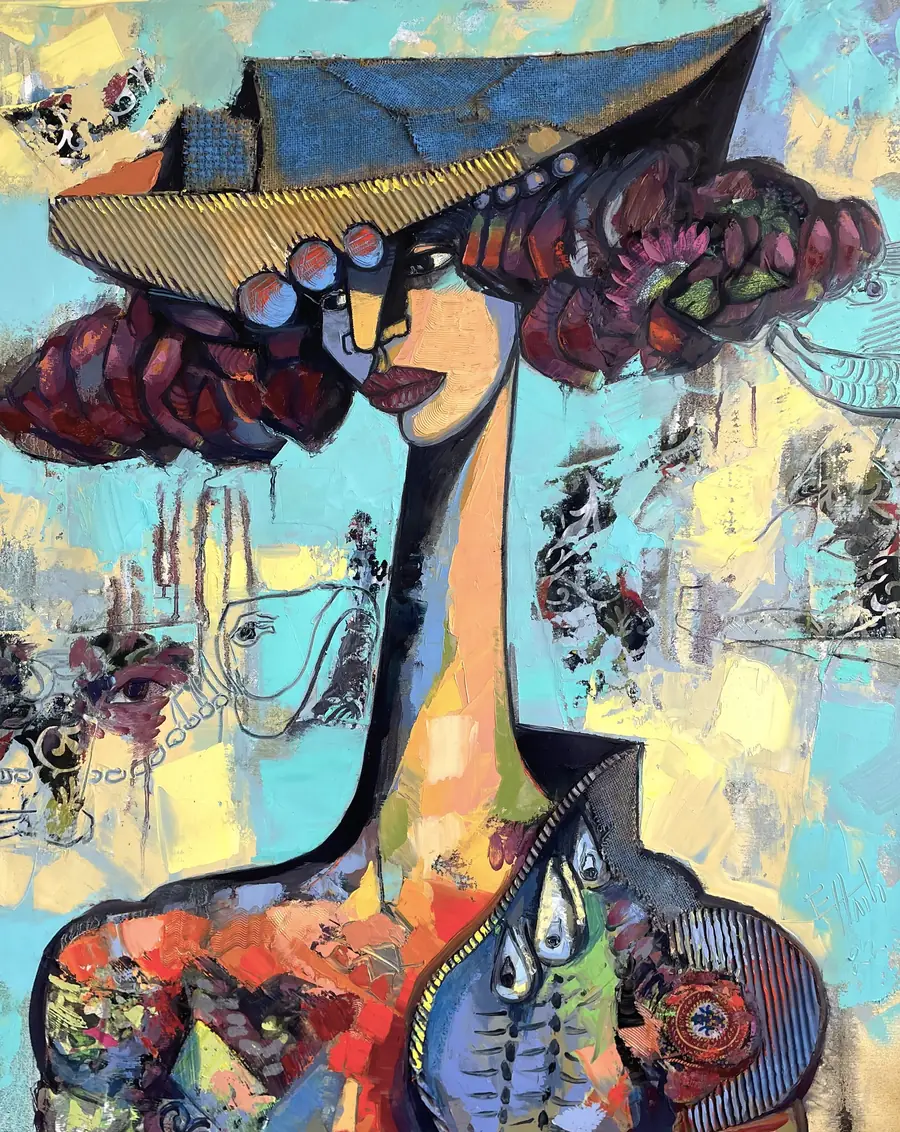 A woman with a wide hat and a long neck against turquoise, her dress built from fish and flowers.