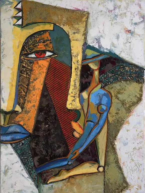 A large face with a red pupil beside a small blue figure, on a pale ground.