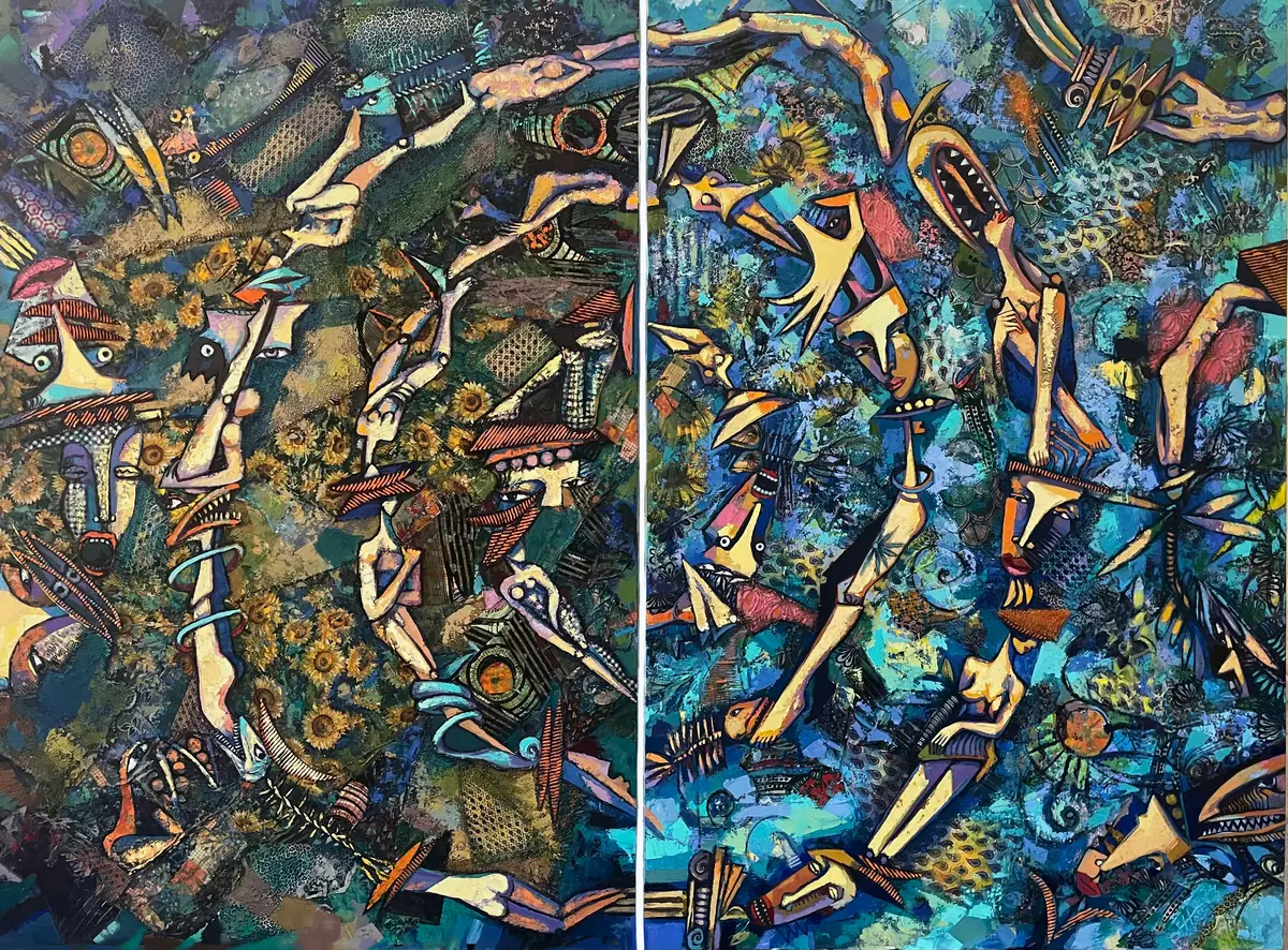 Diptych crowded with fragmented bodies, masks and fish drifting across a deep green and blue field.