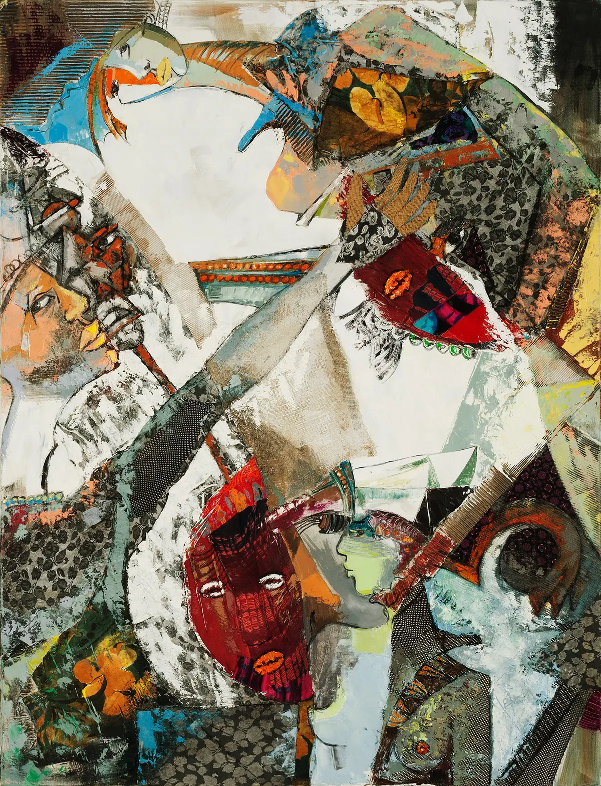 Fragmented shapes, a red mask and patterned pieces scattered across a pale, layered surface.