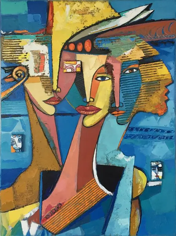 Three faces close together in blues, ochres and pinks, under a white plume.