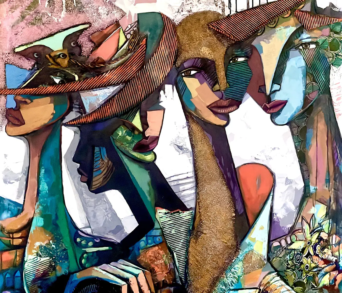 A group of faces in profile under wide hats, built from blue, green and patterned fragments.