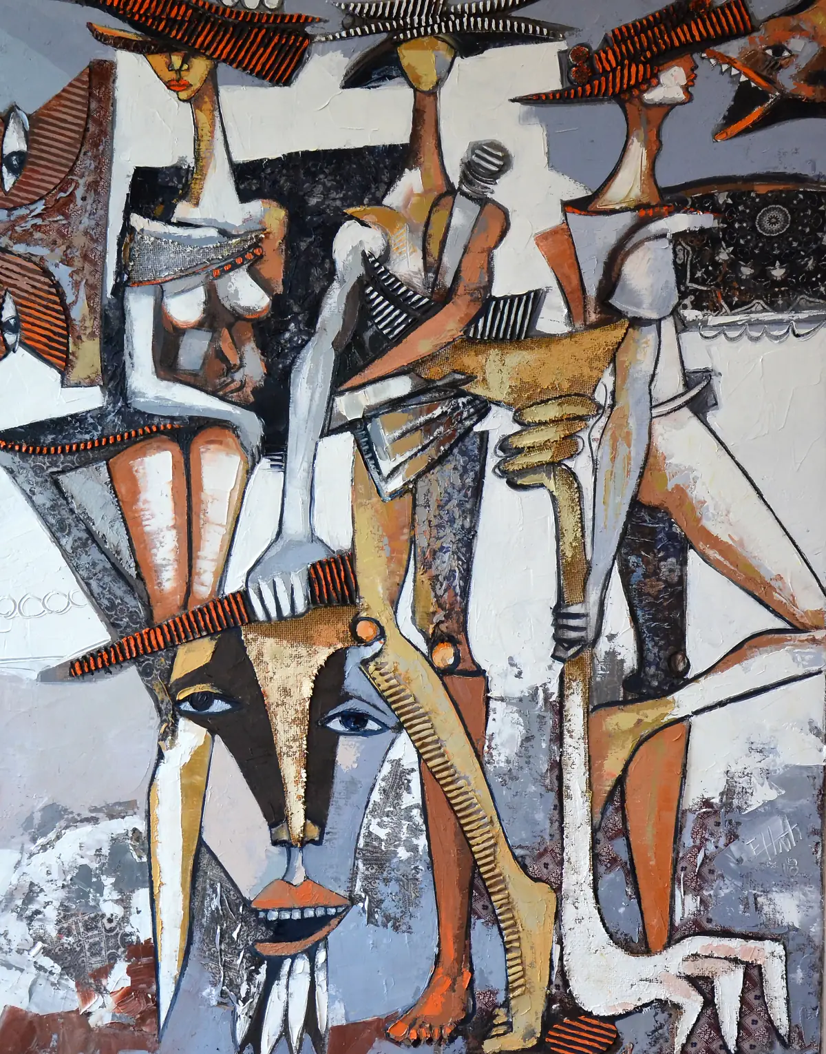 Standing figures and masks arranged in geometric planes of white, grey and rust.