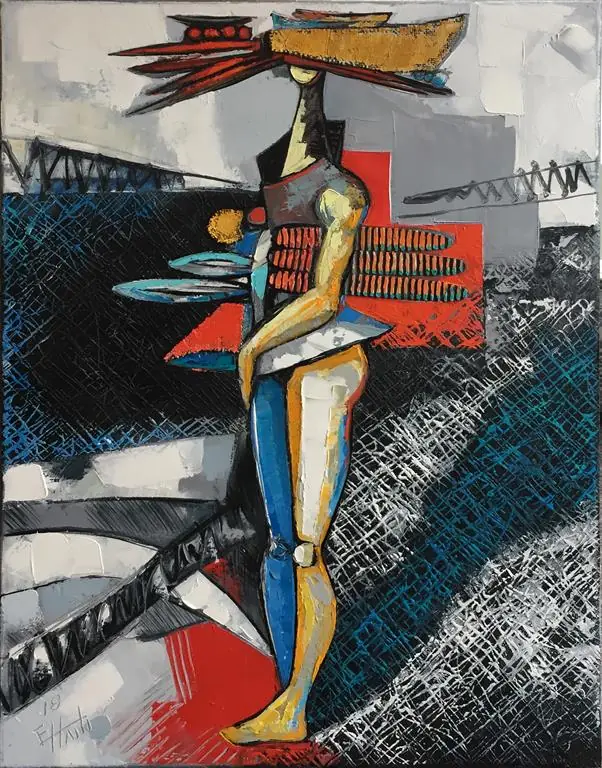 A lone standing figure carrying a load on its head, against black, white and blue textures.