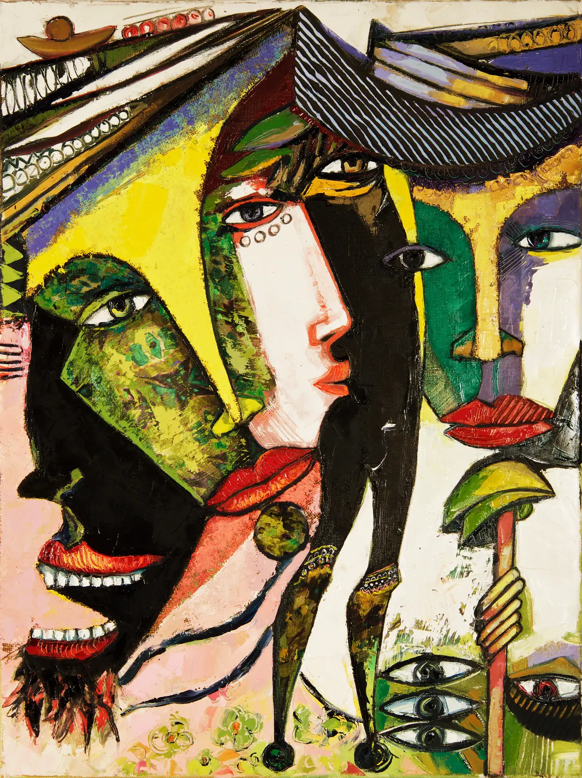 Overlapping faces in yellow, green and black under wide hats, on a pale ground.