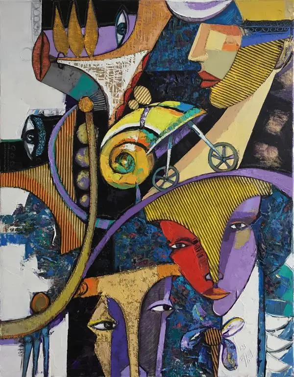 Faces, a spiral shell on small wheels and masks, in purple, yellow and blue.