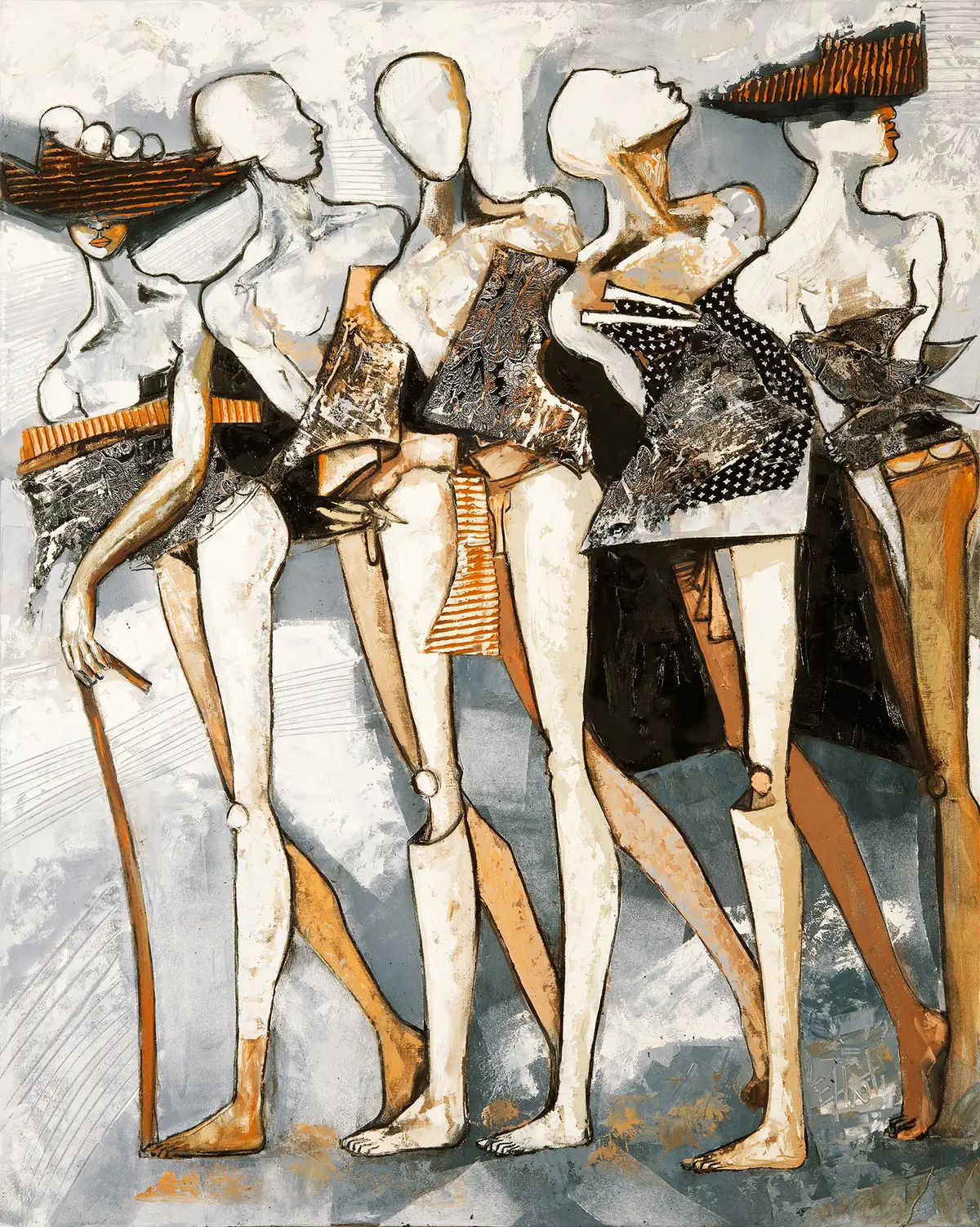 Four slender figures stand in a row, dressed in patterned fabrics, against a pale ground.