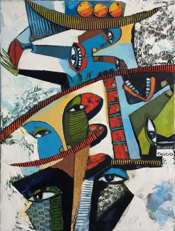 Masked faces under a wide hat with fruit, in blue, red and green on a white ground.