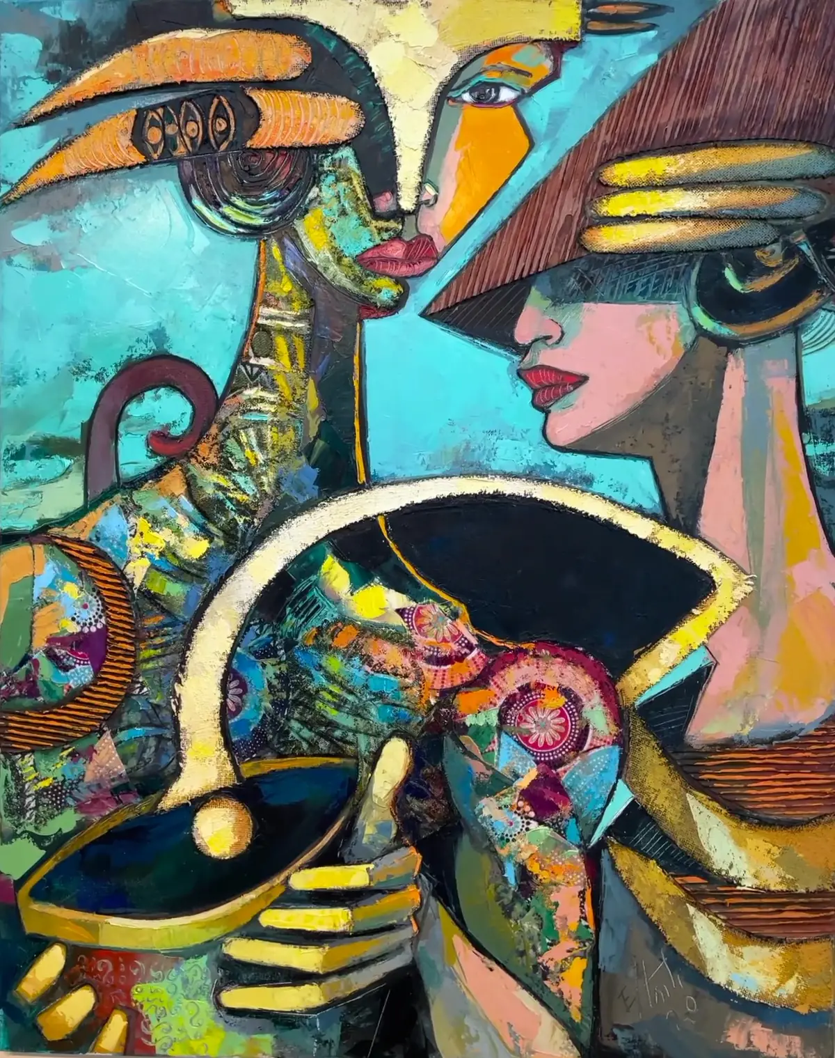 Two figures in hats meet face to face over a dark bowl, on a turquoise ground.