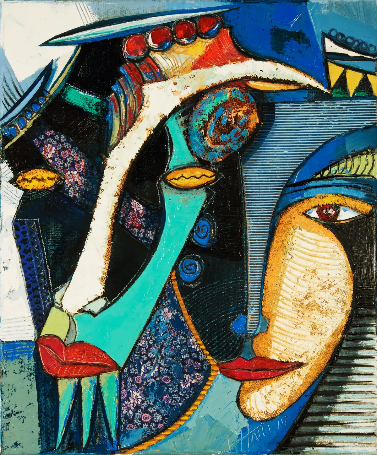 Blue and turquoise faces with red lips beside a large golden head, on a dark blue ground.