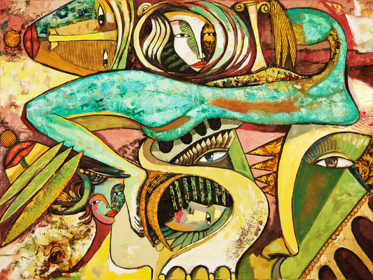 Interlocking faces and a long turquoise form, in yellows, greens and ochres.