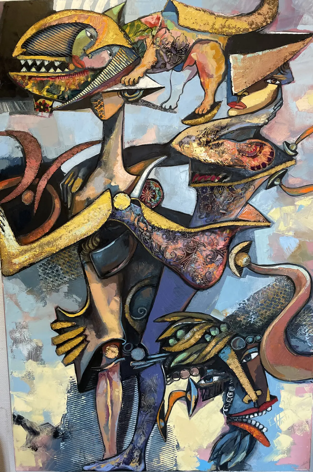 A vertical stack of figures, fish and hats in gold and patterned fabric, on a blue-grey ground.