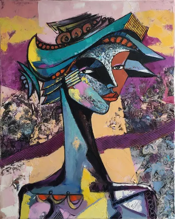A figure in a wide turquoise hat, standing firm on a purple and ochre ground.