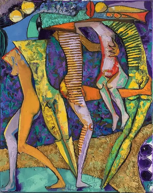 Tall figures walking together, arm in arm, over a purple ground.