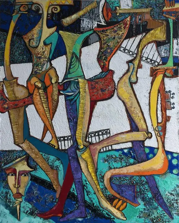 A dense crowd of slender figures and faces in gold, turquoise and red on a white ground.