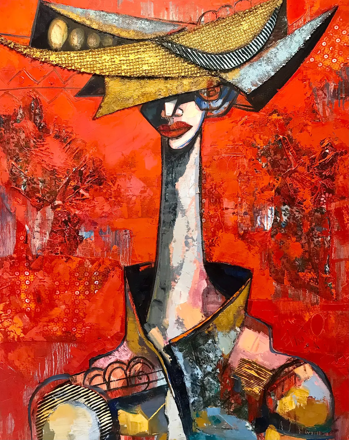 An elongated figure under a wide golden hat, standing against a vivid red ground.