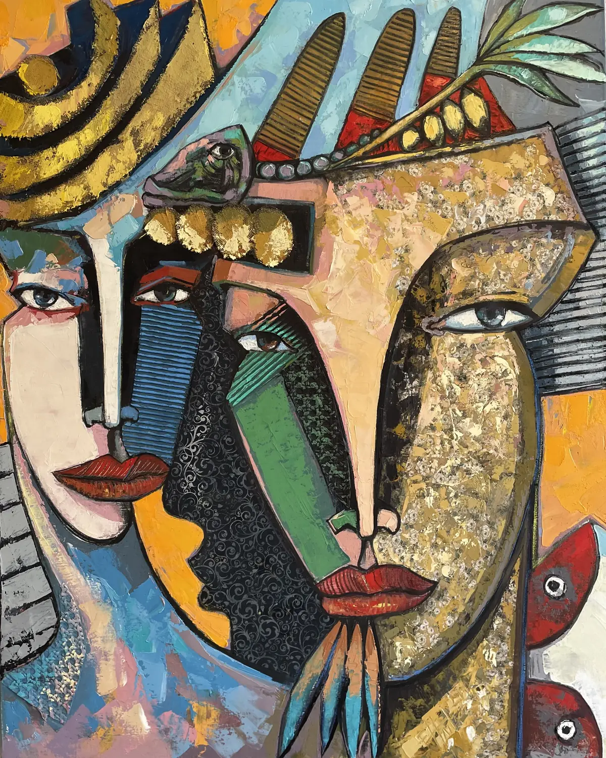 Two large faces merge into one, in gold, black and patterned fabric, crowned by plumes.