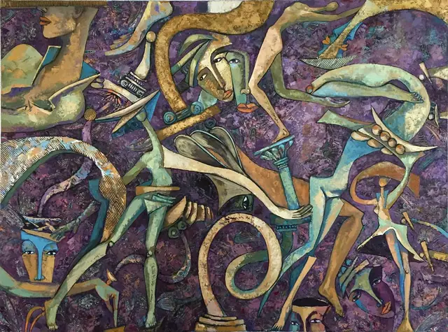 Figures, fish and spirals swirling across a wide purple field.