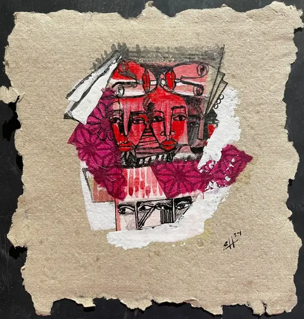 Obra sobre papel: rostros rojos sobre un collage rosa de flores, con una franja de pequeños rostros en blanco y negro debajo.