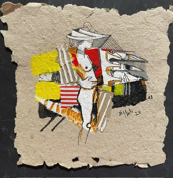 Obra sobre papel: una figura desnuda con sombrero blanco entre collage amarillo, rojo y a rayas.