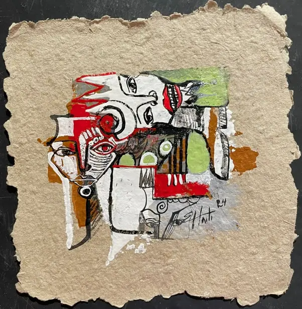 Obra sobre papel: rostros de perfil en rojo, blanco y verde entre formas geométricas.