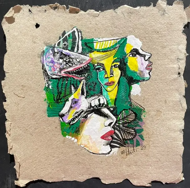 Obra sobre papel: rostros de perfil y un perro en verde, amarillo y blanco.