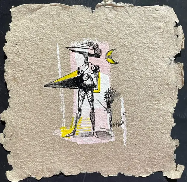 Obra sobre papel: una pequeña figura de pie con sombrero puntiagudo junto a una luna creciente.