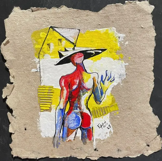 Obra sobre papel: una mujer desnuda en rojo con sombrero negro de ala ancha sobre fondo amarillo.