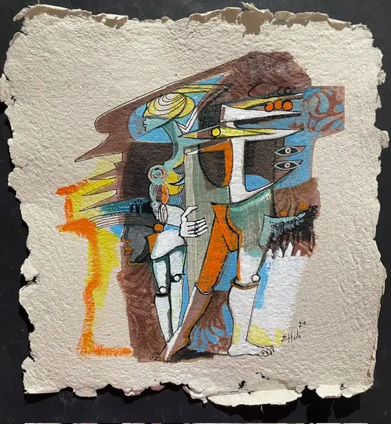 Obra sobre papel: dos figuras altas y geométricas en marrón, azul y naranja.