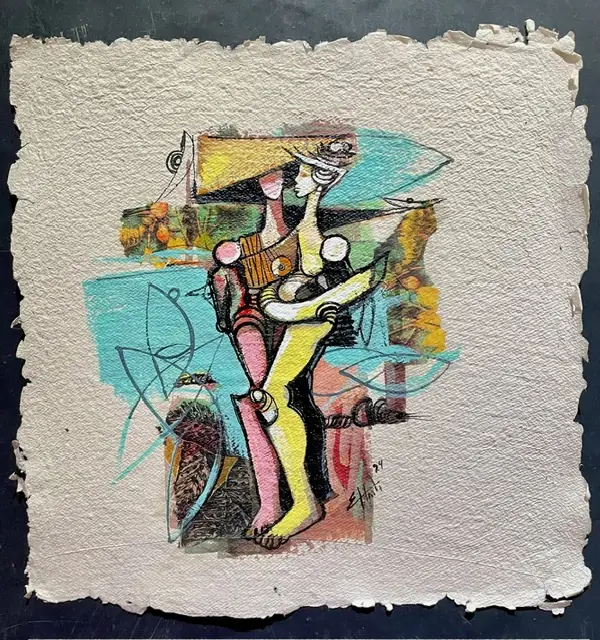 Obra sobre papel: una pareja abrazada en amarillo y rosa sobre turquesa.