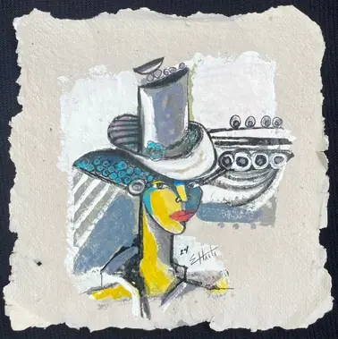 Obra sobre papel: una figura con sombrero de copa gris, en azul y amarillo.