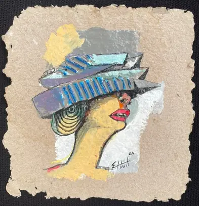 Obra sobre papel: una mujer de perfil con sombrero a rayas y labios rojos, en gris y amarillo.