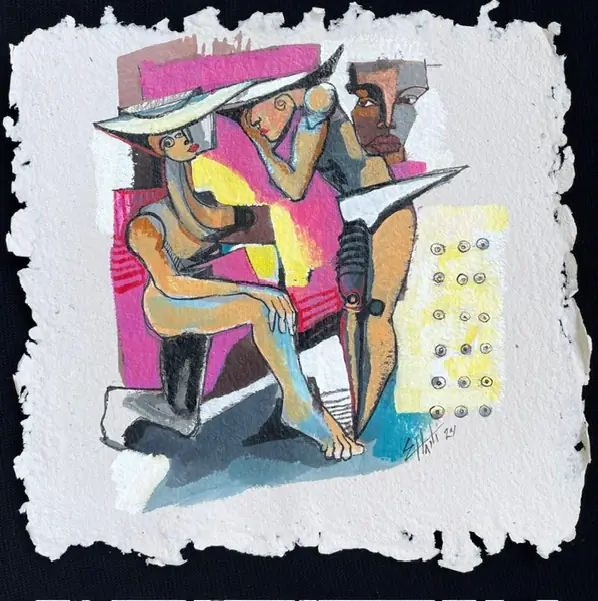 Obra sobre papel: tres figuras sentadas con sombreros de ala ancha sobre fondo rosa.