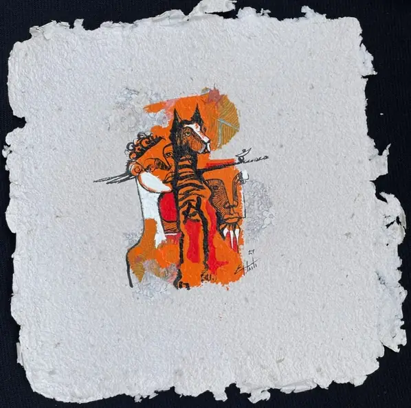 Obra sobre papel: una pequeña composición de figuras en naranja, rojo y negro.