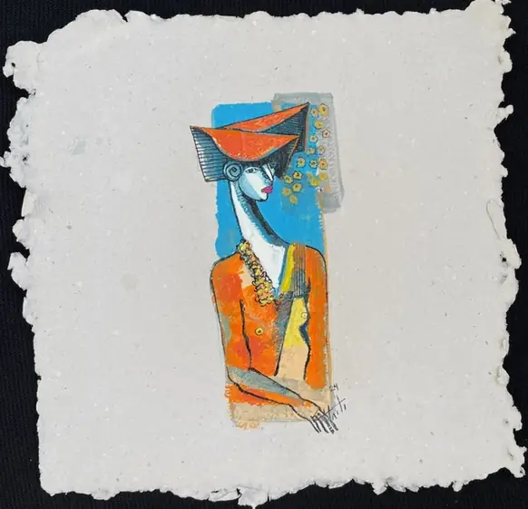 Obra sobre papel: una mujer con sombrero y vestido naranja junto a una franja turquesa.