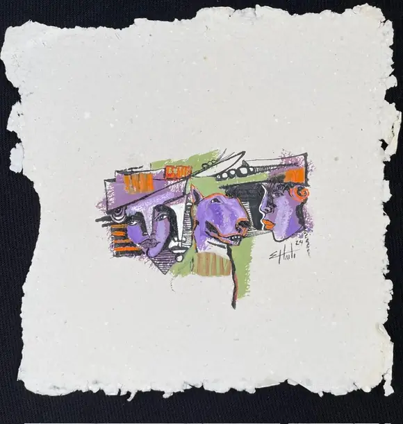 Obra sobre papel: una fila de rostros en violeta y verde.