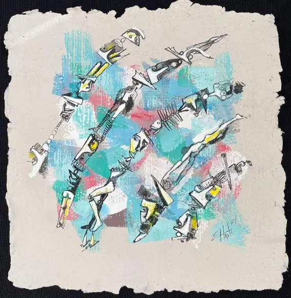 Obra sobre papel: muchas figuras pequeñas en vuelo sobre manchas turquesa y rosa.