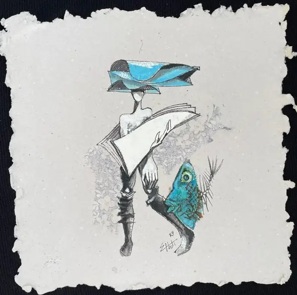 Obra sobre papel: una figura con sombrero turquesa que sostiene un pez, en negro y gris.
