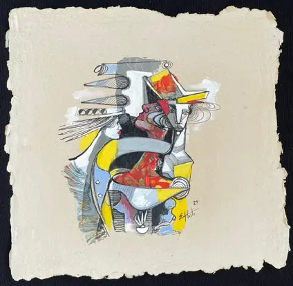 Obra sobre papel: un grupo compacto de figuras en amarillo, rojo y gris.