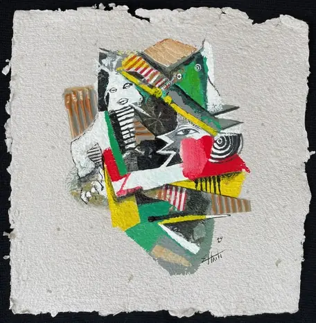 Obra sobre papel: una figura fragmentada entre formas verdes, rojas, amarillas y a rayas.