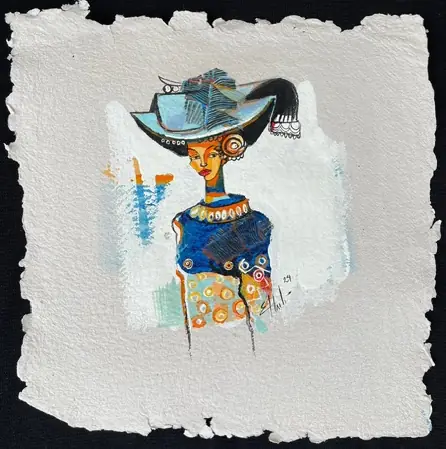 Obra sobre papel: una mujer con sombrero azul y vestido azul con círculos naranja.